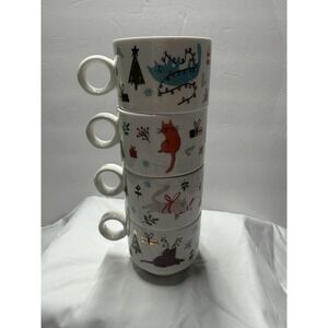 Set Of 4~Stackable~Grace Teaware~Fine Porcelain~Christmas Cat Design Cups/Mugs